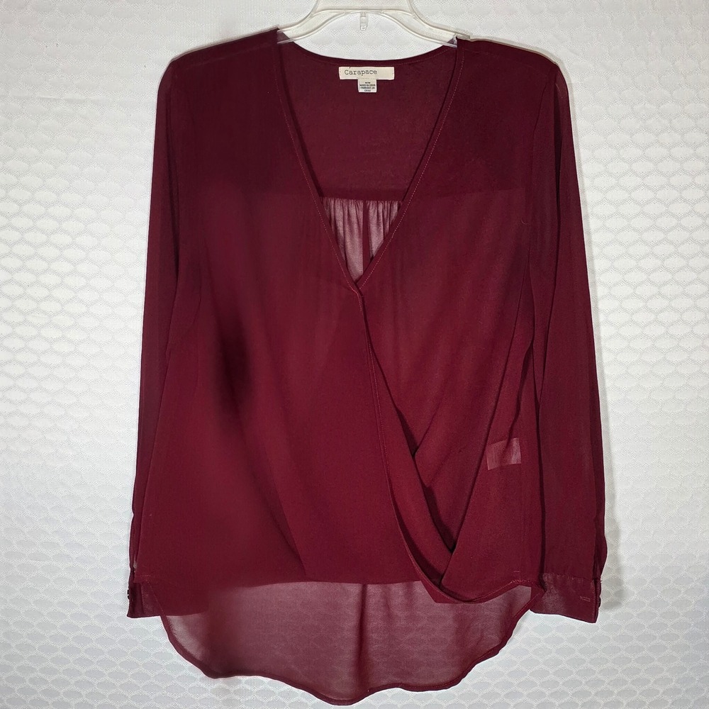 Carapace Womens Burgundy Long Sleeve V-Neck Wrap Front High Low Blouse Size M